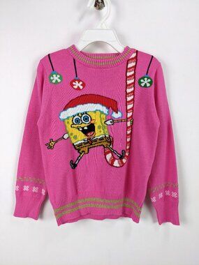 Spongebob Squarepants Andy Evan Kids Pink Christmas Jacquard Sweater Size 4T